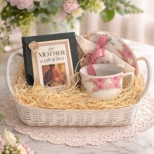 Pink and White Tea Set Gift Basket For Mom
